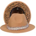 Cappello fedora cammello con nastro di perle e tesa con stampa leopardata - Taglia unica(56-58cm) / Cachi (240-F)