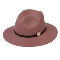 Foldable dusty rose wide brim straw Panama hat with black braid and wooden heart - 56-58cm / With Woven Rope and Wooden Heart / Dusty Pink
