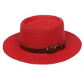 Red woven straw boater hat with a dark brown leather belt and silver metal buckle - 56-58cm / Leather Belt Style (317M) / Red