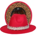 Cappello fedora in lana rossa con fascia di perle e fodera interna leopardata moda - Taglia unica(56-58cm) / Rosso (240-G)