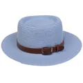 Light blue woven straw hat with brown faux leather band and metallic buckle detail - 56-58cm / Leather Belt Style (317N) / Sky Blue