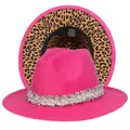 Cappello fedora rosso rosa con fodera leopardata e nastro in tweed di perle - Taglia unica(56-58cm) / Rosa Rosso (240-H)