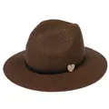 Summer foldable panama straw hat in dark brown with black band and heart charm - 56-58cm / With Woven Rope and Wooden Heart / Coffee