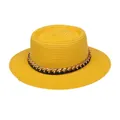 Schicker gelber Flachkopf-Strohhut mit schwarzem Lederband und goldener Kettenverzierung - Einheitsgröße(56-58cm) / Goldkettchen-Band (312A-Gelb)