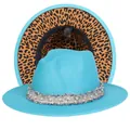 Cappello fedora blu ciano con fascia di perle e tesa leopardata per uno stile di coppia - Taglia unica(56-58cm) / Azzurro (240-J)