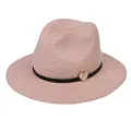 Foldable light pink straw Fedora sun hat with a black band and wooden heart charm - 56-58cm / With Woven Rope and Wooden Heart / Flesh Pink