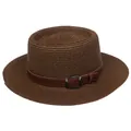 Dark brown straw boater hat with a faux leather band and metallic buckle detail - 56-58cm / Leather Belt Style (317Q) / Brown