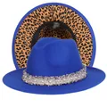 Cappello fedora blu reale con tesa leopardata e nastro decorativo con perle - Taglia unica(56-58cm) / Blu (240-K)