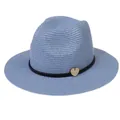 Unisex light blue panama straw hat with black band and yellow heart detail - 56-58cm / With Woven Rope and Wooden Heart / Sky Blue