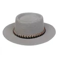 Grauer flacher Strohhut mit schickem schwarzem Band und klobiger Goldkette für Damen - Einheitsgröße(56-58cm) / Goldkettchen-Band (312C-Grau)