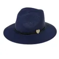 Navy blue straw fedora hat for sun protection with black band and wooden heart charm - 56-58cm / With Woven Rope and Wooden Heart / Navy Blue
