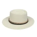 Eleganter cremefarbener Strohhut für Damen mit Goldkette und schwarzem Lederband - Einheitsgröße(56-58cm) / Goldkettchen-Band (312G-Cremeweiß)