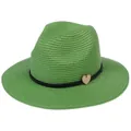Green Panama straw hat for women and men with black ribbon and wooden heart - 56-58cm / With Woven Rope and Wooden Heart / Green