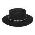 Eleganter schwarzer Strohhut mit stylischem schwarz-goldenen Kettendetail für Damen im Sommer - Einheitsgröße(56-58cm) / Goldkettchen-Band (312F-Schwarz)