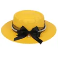 Bright yellow straw boater hat with black lace, ribbon bow and pearl decorations - 56-58cm / Pearl Lace Bow (318A) / Yellow