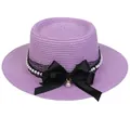 Lavender boater straw hat with black lace ribbon bow and white pearl chain - 56-58cm / Pearl Lace Bow Style (318B) / Purple