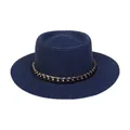 Dunkelblauer Strohhut für Damen mit einer dekorativen gold-schwarzen Metallkette als Akzent - Einheitsgröße(56-58cm) / Goldkettchen-Band (312J-Marineblau)