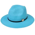 Bright blue foldable straw Panama hat with black band and heart wooden pendant - 56-58cm / With Woven Rope and Wooden Heart / Lake Blue
