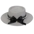 Grey woven boater hat with black lace bow and elegant pearl decorations for women - 56-58cm / Pearl Lace Bow Style (318C) / Gray