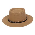 Flacher Strohhut in Hellbraun mit dekorativem schwarzem und goldenem Metallkettenband - Einheitsgröße(56-58cm) / Goldkettchen-Band (312H-Khaki)