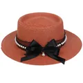 Brick red boater straw hat with black lace, pearls, and a large satin bow accent - 56-58cm / Pearl Lace Bow Style (318D) / Caramel color