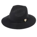 Classic black Panama straw hat with Fedora style and heart charm for sun protection - 56-58cm / With Woven Rope and Wooden Heart / Black