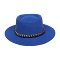 Eleganter königsblauer Strohhut für Damen mit goldener Kette am flachen Hutdeckel - Einheitsgröße(56-58cm) / Goldkettchen-Band (312K-Blau)