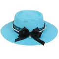 Elegant light blue boater hat with black bow and pearl decoration for beach and sun - 56-58cm / Pearl Lace Bow Style (318E) / Lake Blue