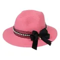 Pink straw Panama sun hat with black lace ribbon, pearls and large satin bow - 56-58cm / With Pearl Lace and Big Bow / Pink
