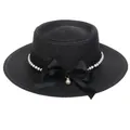 Women's black flat top straw hat with pearl trim and satin bow decoration - 56-58cm / Pearl Lace Bow Style (318F) / Black