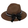 Panama straw hat in dark coffee featuring black lace ribbon and pearl bow detail - 56-58cm / With Pearl Lace and Big Bow / Coffee
