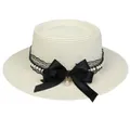 Beige flat top straw sun hat with black lace, pearls, and a large bow decoration - 56-58cm / Pearl Lace Bow Style (318G) / Cream