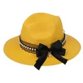 Yellow straw Panama hat with black lace, white pearls and a large satin bow accent - 56-58cm / With Pearl Lace and Big Bow / Yellow