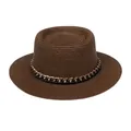 Dunkelbrauner Strohhut mit schwarzem Lederband, Bronzeketten und silbernen Nieten - Einheitsgröße(56-58cm) / Goldkettchen-Band (312Q-Braun)