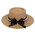Women's boater straw hat featuring black lace, pearls, and a large satin bow - 56-58cm / Pearl Lace Bow Style (318H) / Khaki