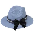 Sky blue foldable panama straw hat with black lace ribbon and pearl accents - 56-58cm / With Pearl Lace and Big Bow / Sky Blue