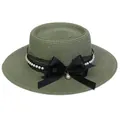 Olive green boater straw hat with black lace ribbon and elegant pearl chain trim - 56-58cm / Pearl Lace Bow Style (318I) / Green