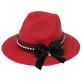 Elegant red straw Panama hat with black lace, pearls and a large satin bow accent - 56-58cm / With Pearl Lace and Big Bow / Red
