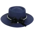 Navy blue boater straw hat featuring a black lace band and pearl flower accents - 56-58cm / Pearl Lace Bow Style (318J) / Navy Blue