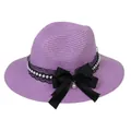 Foldable purple Panama straw hat with black lace bow and white pearl accents - 56-58cm / With Pearl Lace and Big Bow / Purple