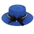 Elegant royal blue straw flat top hat with black lace, pearls, and a satin bow - 56-58cm / Pearl Lace Bow Style (318K) / Blue