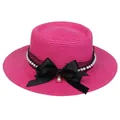 Elegant rose red straw hat featuring black lace ribbon with pearl and bow decor - 56-58cm / Pearl Lace Bow Style (318L) / Rose Red