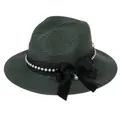 Deep green woven Panama straw hat with black lace, pearls and a satin bow detail - 56-58cm / With Pearl Lace and Big Bow / Dark Green
