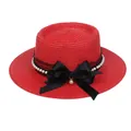 Elegant red boater hat with black lace, large bow, and white pearl decorations - 56-58cm / Pearl Lace Bow Style (318M) / Red