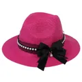 Fuchsia wide brim straw sun hat featuring black lace and elegant pearl ribbon detail - 56-58cm / With Pearl Lace and Big Bow / Rose Red