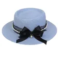Light blue wide brim straw hat with black lace, pearls and a large satin bow - 56-58cm / Pearl Lace Bow Style (318N) / Sky Blue