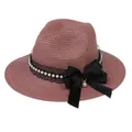 Panama straw hat for women in dusty pink with lace bow and pearl decoration - 56-58cm / With Pearl Lace and Big Bow / Dusty Pink