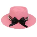 Pink flat top straw hat with black lace, pearl beads and large satin ribbon bow - 56-58cm / Pearl Lace Bow Style (318O) / Dusty Pink