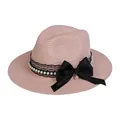 Pink woven straw Panama hat with black lace, elegant pearls and a large satin bow - 56-58cm / With Pearl Lace and Big Bow / Flesh Pink