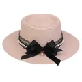 Pink straw boater hat for women with black lace ribbon and elegant pearl accents - 56-58cm / Pearl Lace Bow Style (318P) / Light Pink